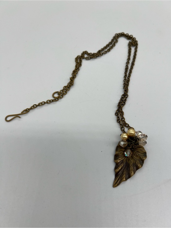 Jewelry - Antique Brass Leaf Pendant Necklace with Pearl and Crystal Accents